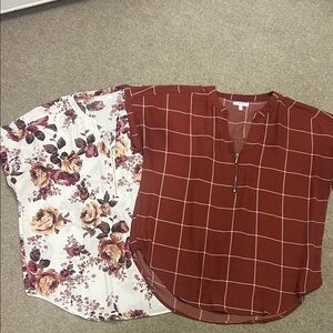 Maurices Red and Cream Floral Grid Blouses